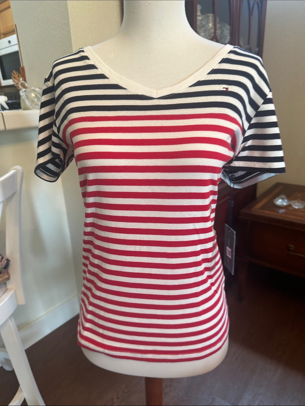 NWT Tommy Hilfiger Red, Navy & White Striped V‑Neck Tee